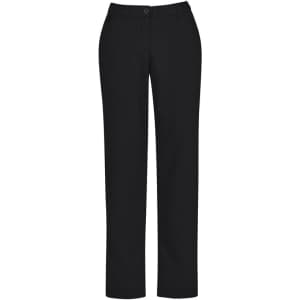 Black straight leg pants featuring a comfort waist design, suitable for women's casual or formal wear.