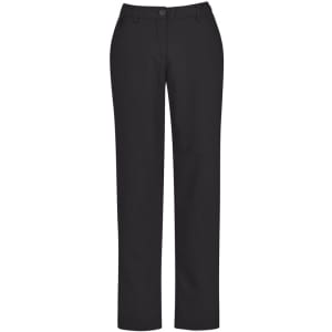 A pair of black straight leg pants with a comfort waist, featuring standard pockets and a button closure.