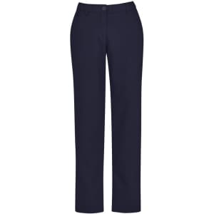 Navy women's straight leg pants with a comfort waist, featuring two front pockets and a button closure.