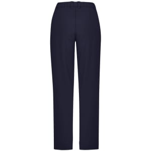 A pair of navy straight leg pants featuring a comfort waist and a simple design, with back pockets and a brand logo.