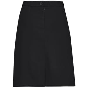 A black women's comfort waist cargo skirt with a fitted design and side pockets, featuring a button closure.