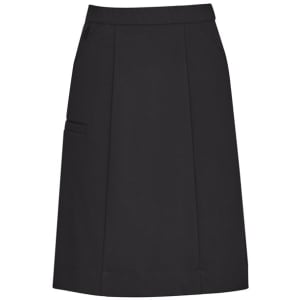 A black women's cargo skirt featuring side pockets and a comfortable waist design. It has a simple, straight cut.