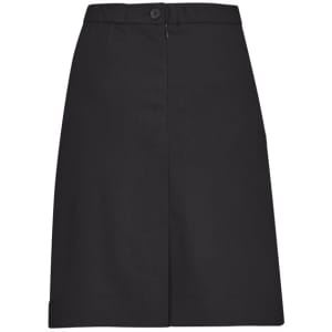 A black women's comfort waist cargo skirt with a straight cut, featuring pockets and a button closure.