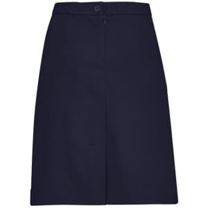 A navy cargo skirt with a waistband and front button closure, featuring a simple design and straight silhouette.