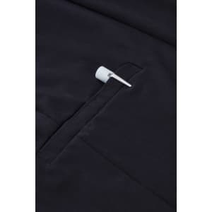 A navy women's comfort waist cargo skirt featuring a side pocket and a hanging tag.