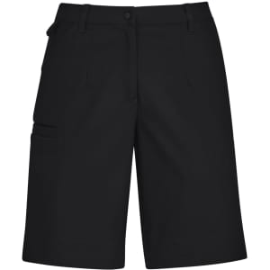A pair of women's cargo shorts in black, featuring multiple pockets and a comfort waist design.