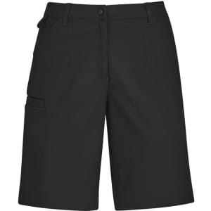 A pair of women's black cargo shorts with side pockets and a waistband. Features a logo on the garment.