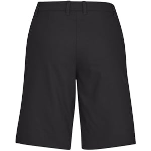 A pair of black women's cargo shorts featuring a comfort waist design and a straight cut.