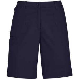Navy women's cargo shorts featuring a comfort waist and side pockets, designed for casual wear.