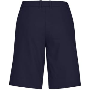 Navy women's cargo shorts featuring a comfort waist design, shown from the back. Includes a logo.