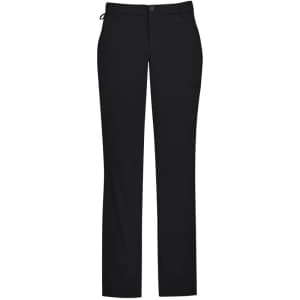 Black men's comfort waist flat front pants with a logo, featuring a straight leg design.