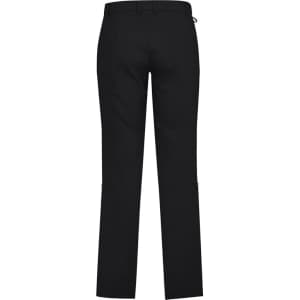 A pair of black flat front pants with a comfort waist design, featuring a simple waistband and straight legs.