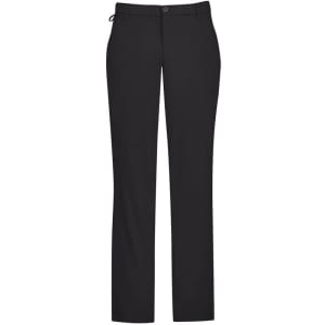 A pair of black men's slacks featuring a flat front design and a logo on the waistband.
