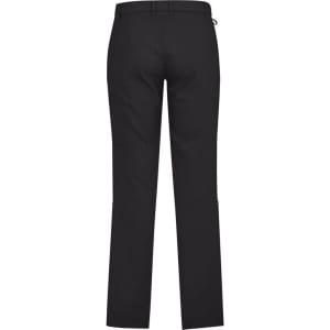 Black men's comfort waist flat front pants, featuring a classic design and a logo on the waistband.