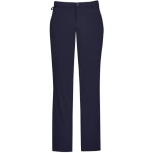 Men's comfort waist flat front pants in navy blue, featuring a classic design and a logo on the waistband.