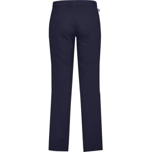 Navy blue flat front pants with a comfortable waist, featuring a logo on the back.