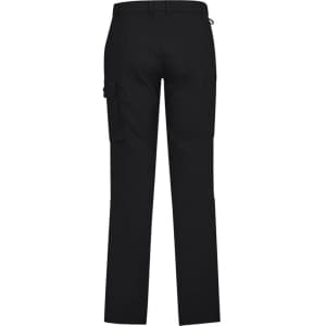 Black men's cargo pants with a straight leg and side pockets, featuring a logo on the waistband.