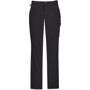A pair of black cargo pants featuring multiple pockets and a fitted waist. The pants have a logo on the waistband.