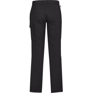 A pair of black men's cargo pants, featuring multiple side pockets and a straight leg cut, viewed from the back.