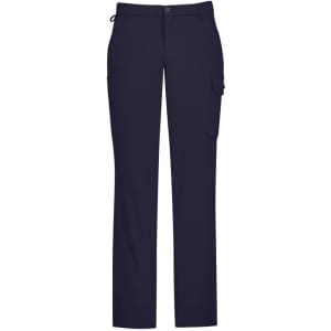 Navy cargo pants featuring multiple pockets and a comfortable waist design. The pants have a branded logo.