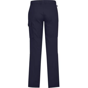 Navy men's cargo pants featuring a comfort waist, with pockets on the sides and back, and a logo present.
