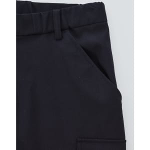 A close-up of black men's comfort waist cargo pants featuring side pockets and a sturdy waistband.