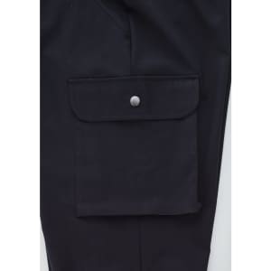 A pair of black cargo pants featuring a large side pocket with a snap closure and a smooth fabric finish.