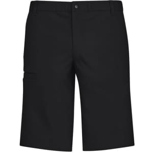 A pair of black men's comfort waist cargo shorts featuring side pockets and a logo.
