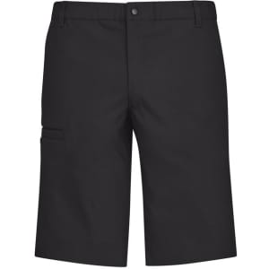 A pair of black men's cargo shorts featuring side pockets and a button closure. The shorts have a branding logo.