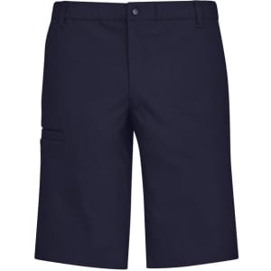 Men's comfort waist cargo shorts in navy blue, featuring side pockets and a logo. Designed for casual wear.