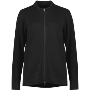 A black zip-front jumper with long sleeves and a modern design, featuring a logo on the front.
