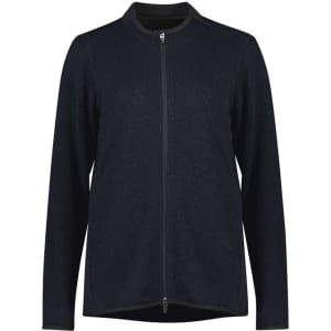 A black zip-front jumper featuring long sleeves and a round neckline. It has a simple design and includes a logo.