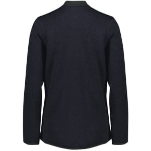 A black zip front jumper with long sleeves and a smooth texture at the back. Features a logo on the garment.