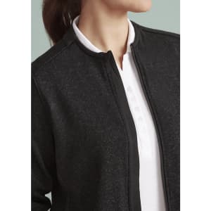 A zip-front jumper in black, featuring a high collar and a textured fabric design. It has a logo on the side.