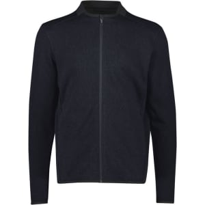 A black zip-front jumper featuring a simple design and a contrasting collar, with a logo on the front.