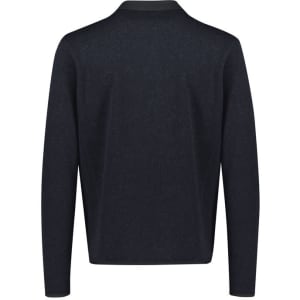 A dark navy zip front jumper featuring a simple design and a collar, displaying a logo on the back.
