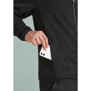 A men's zip front jumper in black, featuring a pocket for storage and a logo on the fabric.