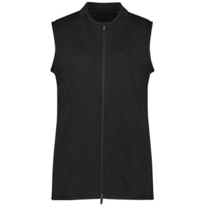 A sleeveless black vest featuring a zip front and shoulder detailing, with a branding logo.