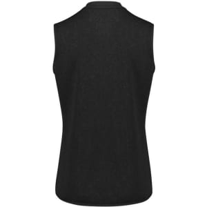 A sleeveless black vest with a zip front, featuring a simple design and a logo on the back.