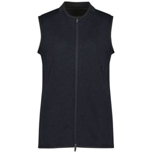 A sleeveless black vest featuring a zip front and a subtle texture, designed for women's wear.