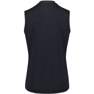 A black women's zip front vest with a sleeveless design and a collar, featuring branding on the back.