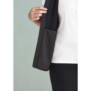 A black zip front vest featuring a pocket on the inside, designed for women's wear.
