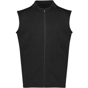 A black zip-front vest with no sleeves, featuring a smooth fabric texture and a subtle logo.