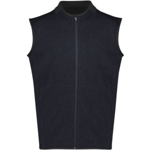 A sleeveless black vest with a zip front and a high collar. It features a subtle texture and has a logo.
