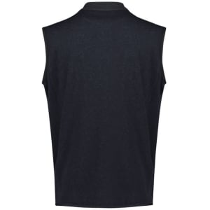 A black zip-front vest with a sleeveless design and a high collar. Features a logo on the back.