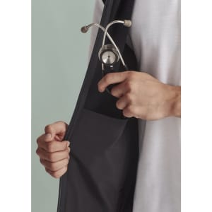 A black vest with a zip front featuring a pocket holding a stethoscope.