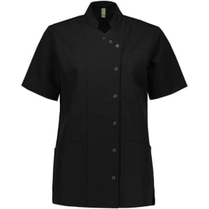 A black women's essence jacket featuring short sleeves, a snap button closure, and two front pockets.