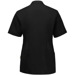 A black women's jacket with short sleeves and a tailored design, featuring side pockets and a logo.