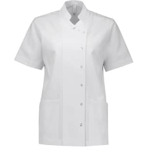 A short-sleeved white jacket with a mandarin collar, featuring buttons and two front pockets. It has a logo on it.