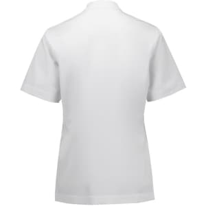A women's short-sleeve jacket in white with a simple design and a branded logo on the back.